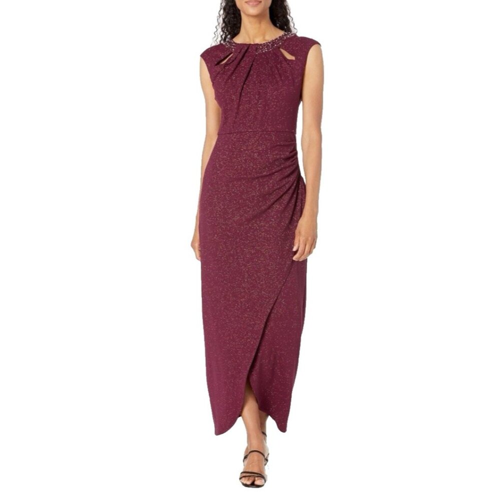 SLNY Formal Dress 16 Maroon Wine Shimmer Bead Gown Wedding Party Cruise NEW - Picture 7 of 11